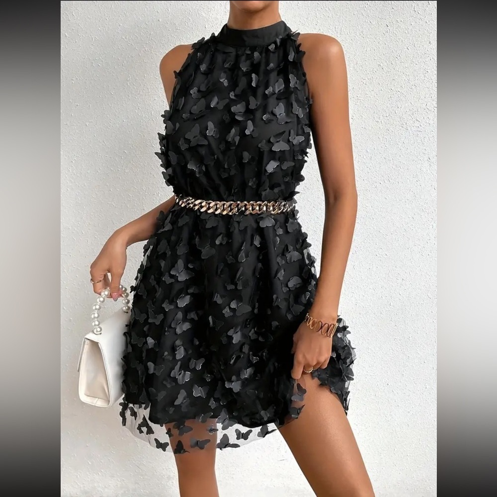 NEW Butterfly appliqué halter mini dress, Size Med.